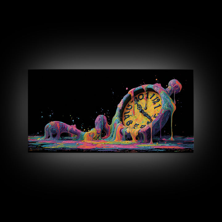 Melting Colorful Clock Surreal Wall Art Framed Canvas Print Abstract Art Home Decor Unique Gift