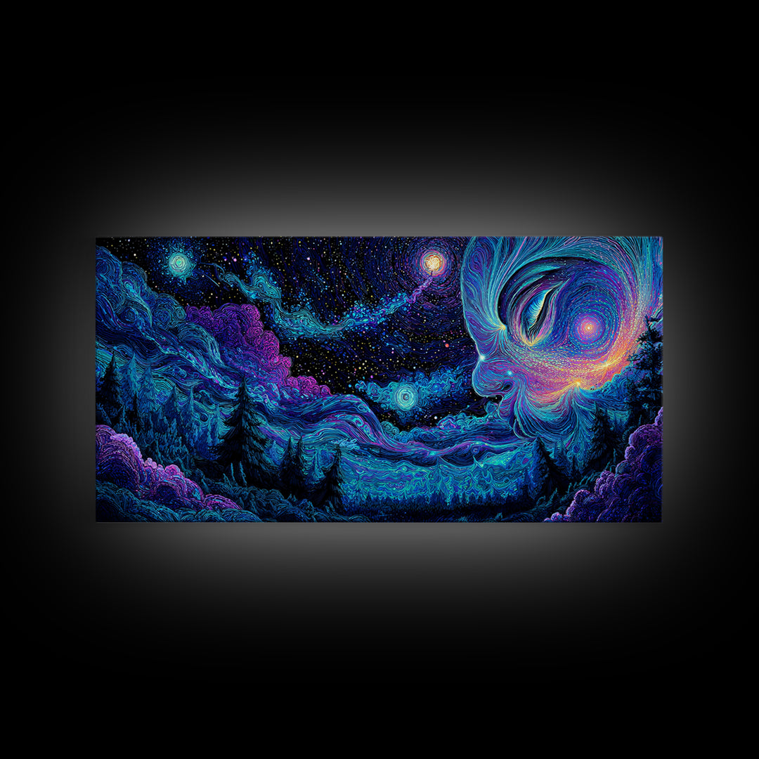 Enchanting Cosmic Blue Night Sky With Celestial Woman Figure Painting, Mystical Wall Art, Canvas Print For Spiritual and Meditation Decor