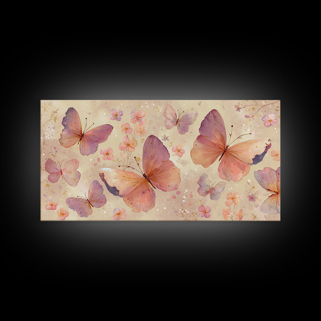 Blush Pink Butterflies And Tiny Flowers Wall Art, Pastel Canvas Print, Whimsical Nursery Bedroom Decor, Feminine Gift For Her
