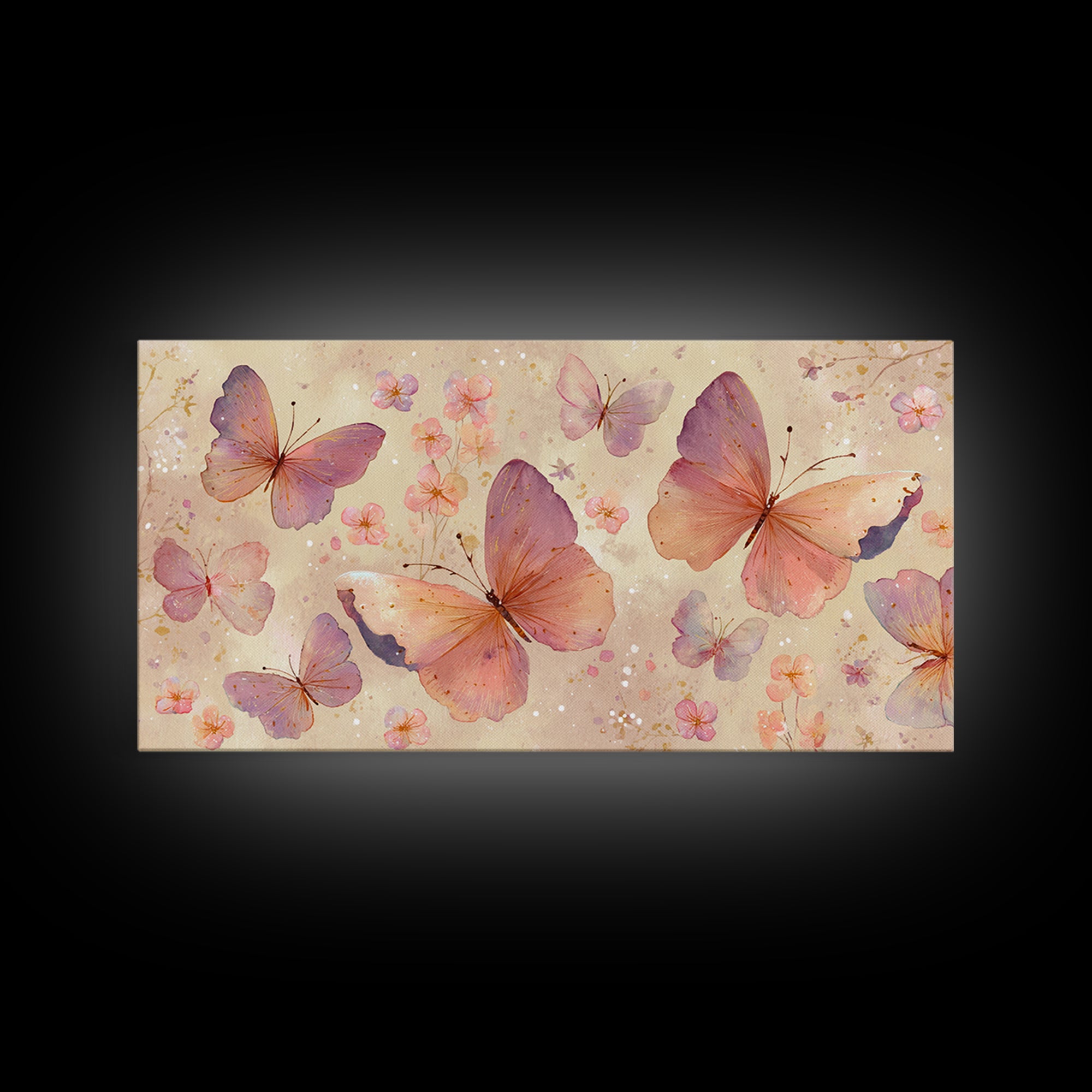 Blush Pink Butterflies And Tiny Flowers Wall Art, Pastel Canvas Print, Whimsical Nursery Bedroom Decor, Feminine Gift For Her