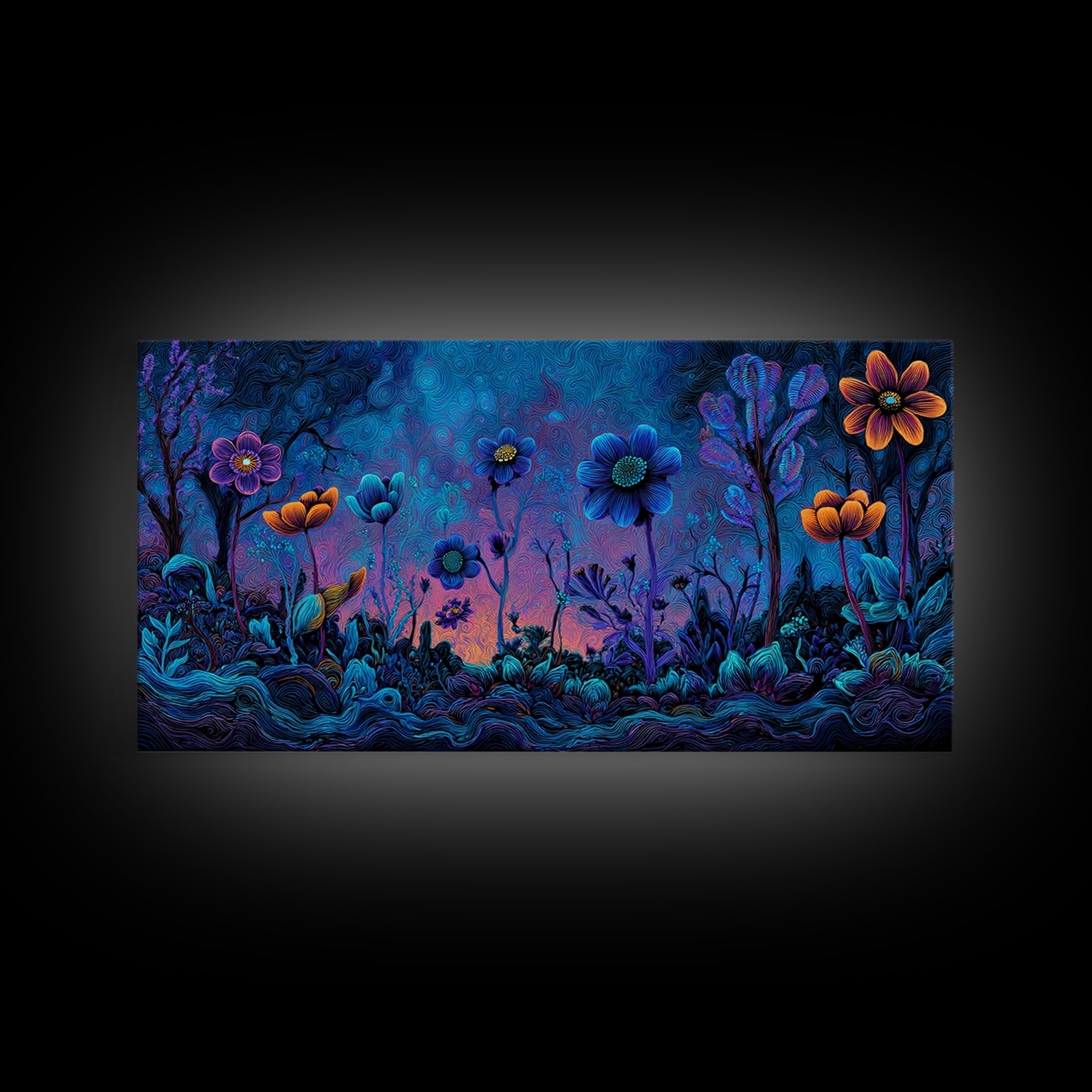 Whimsical Blue And Purple Flowers Digital Painting Vibrant Floral Wall Art Framed Canvas Print For Bedroom Or Living Room Decor
