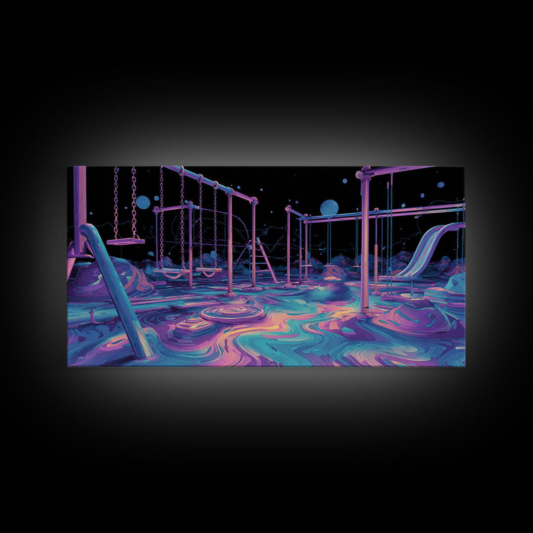 Surreal Neon Playground Illustration With Glowing Elements Wall Art Print, Vibrant Kids Room Decor, Modern Canvas Print