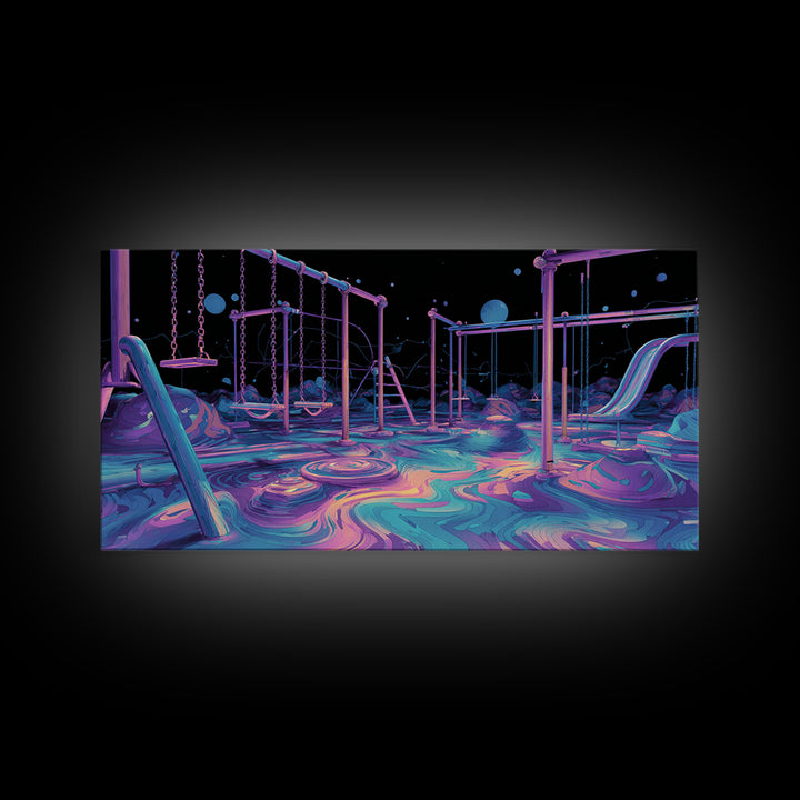Surreal Neon Playground Illustration With Glowing Elements Wall Art Print, Vibrant Kids Room Decor, Modern Canvas Print