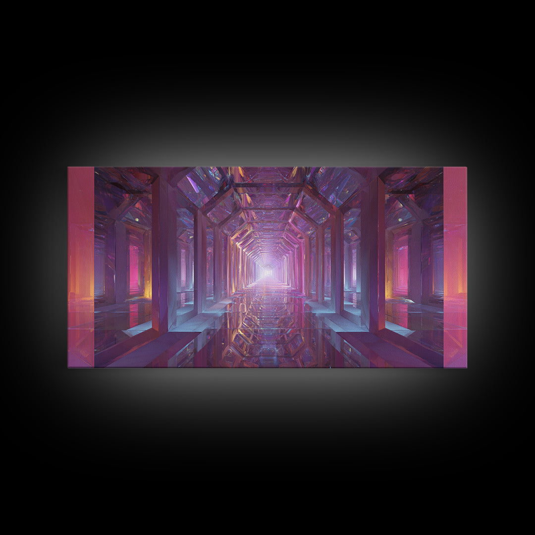 Futuristic Abstract Tunnel With Neon Lights And Mirrors Surreal Digital Art Wall Art Canvas Print