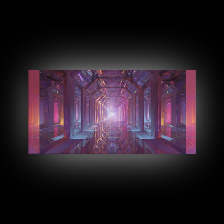 Futuristic Abstract Tunnel With Neon Lights And Mirrors Surreal Digital Art Wall Art Canvas Print