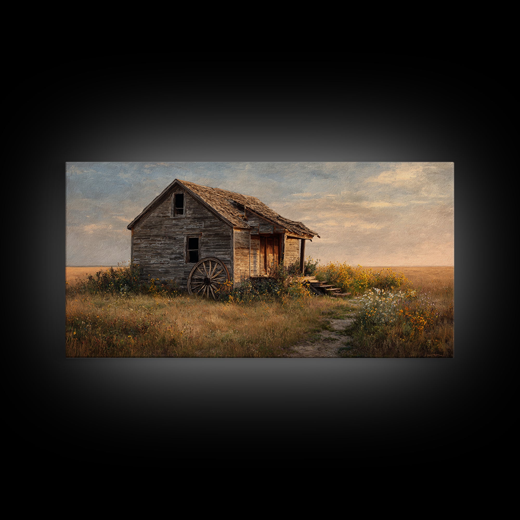 Rustic Abandoned Schoolhouse In Countryside Autumn Landscape Painting Wall Art Canvas Print For Farmhouse Décor