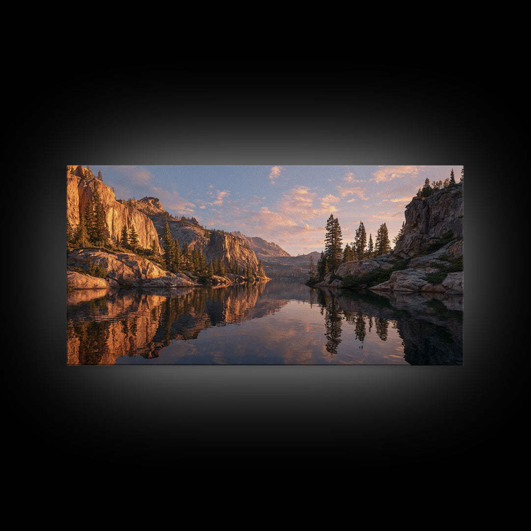 Golden Hour Mountain Lake Landscape With Reflection And Trees Framed Canvas Print Rustic Wall Art For Living Room Decor