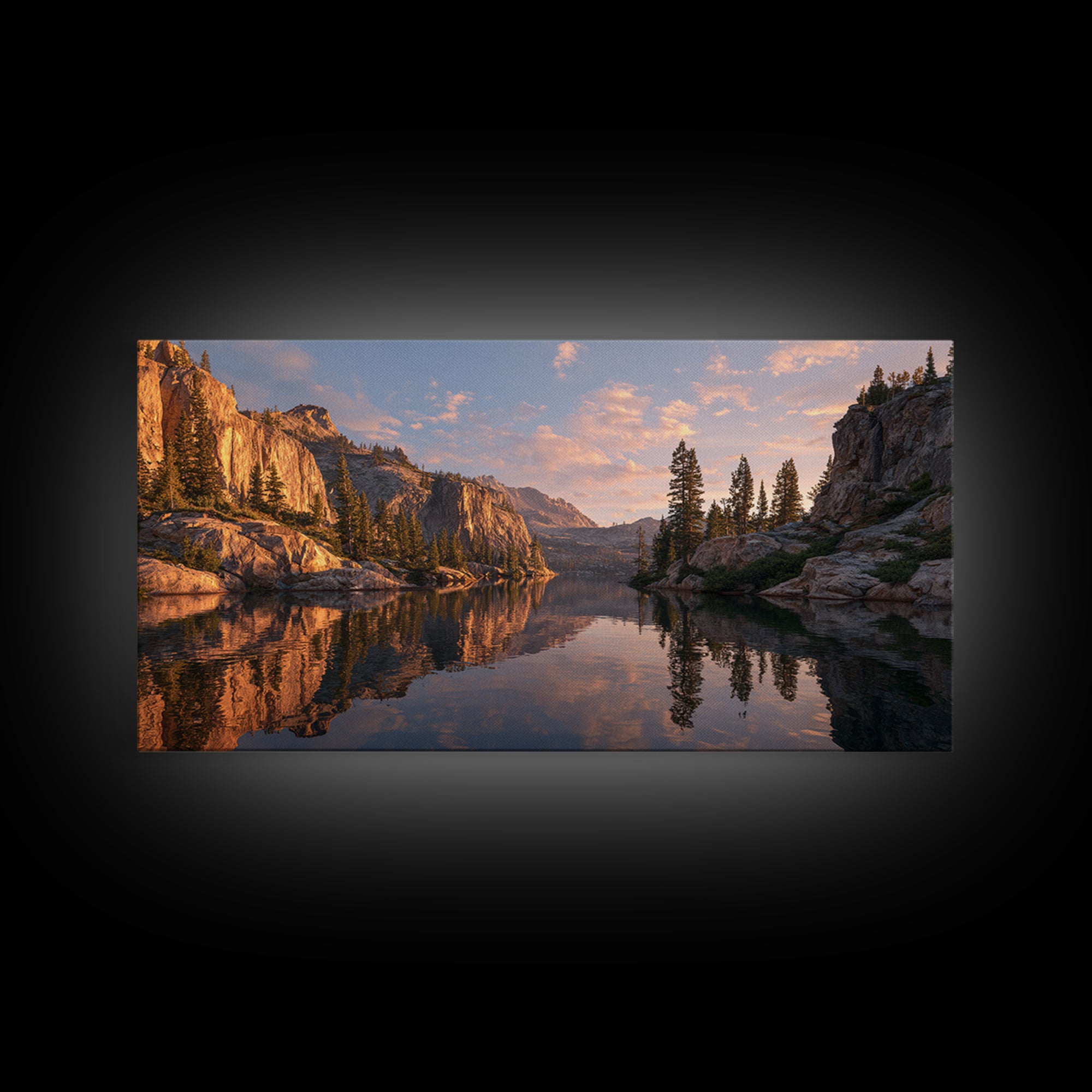 Golden Hour Mountain Lake Landscape With Reflection And Trees Framed Canvas Print Rustic Wall Art For Living Room Decor