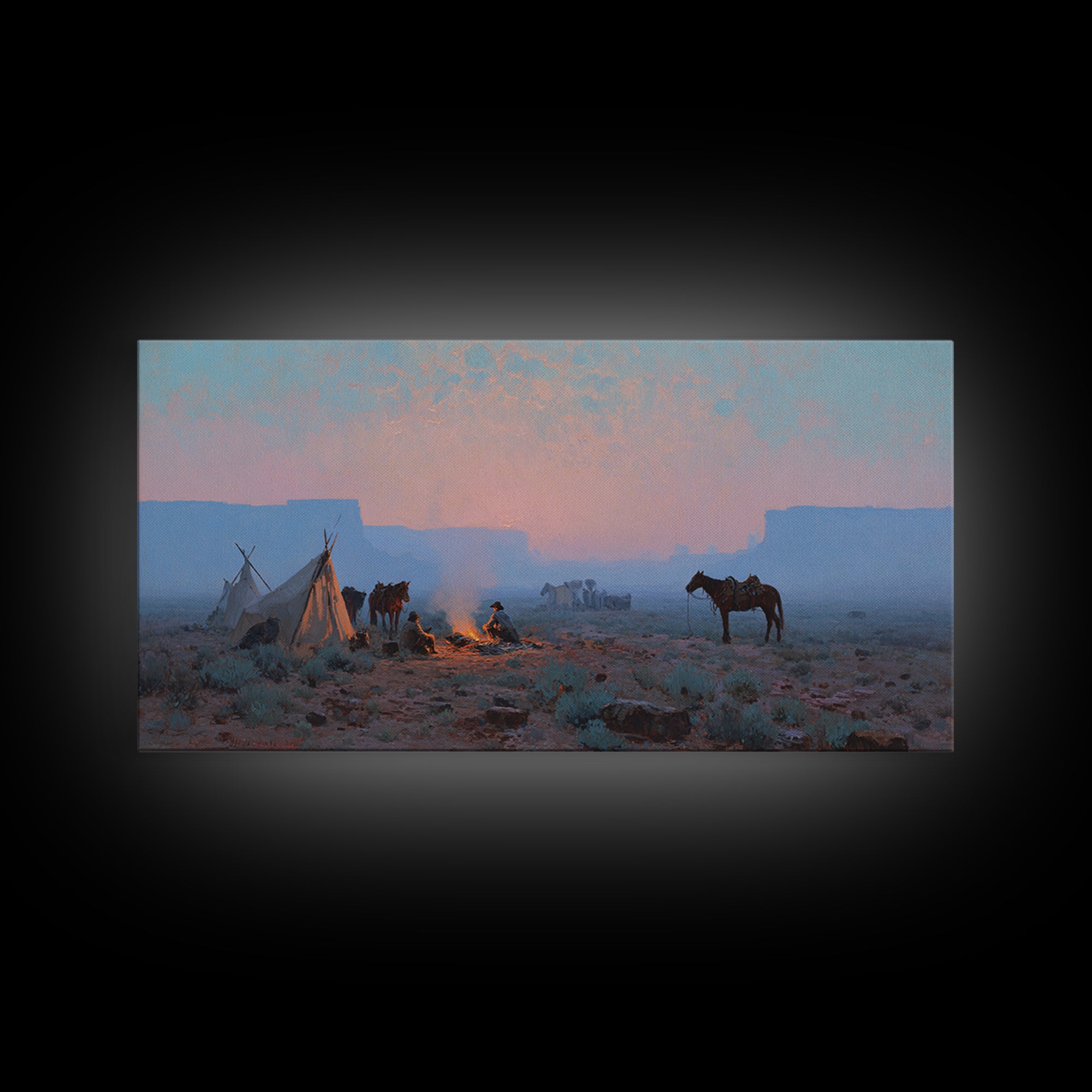 Rustic Cowboy Campfire Scene Oil Painting Wall Art Showcasing Western Lifestyle With Horses For Farmhouse Living Room Decor Framed Canvas Print