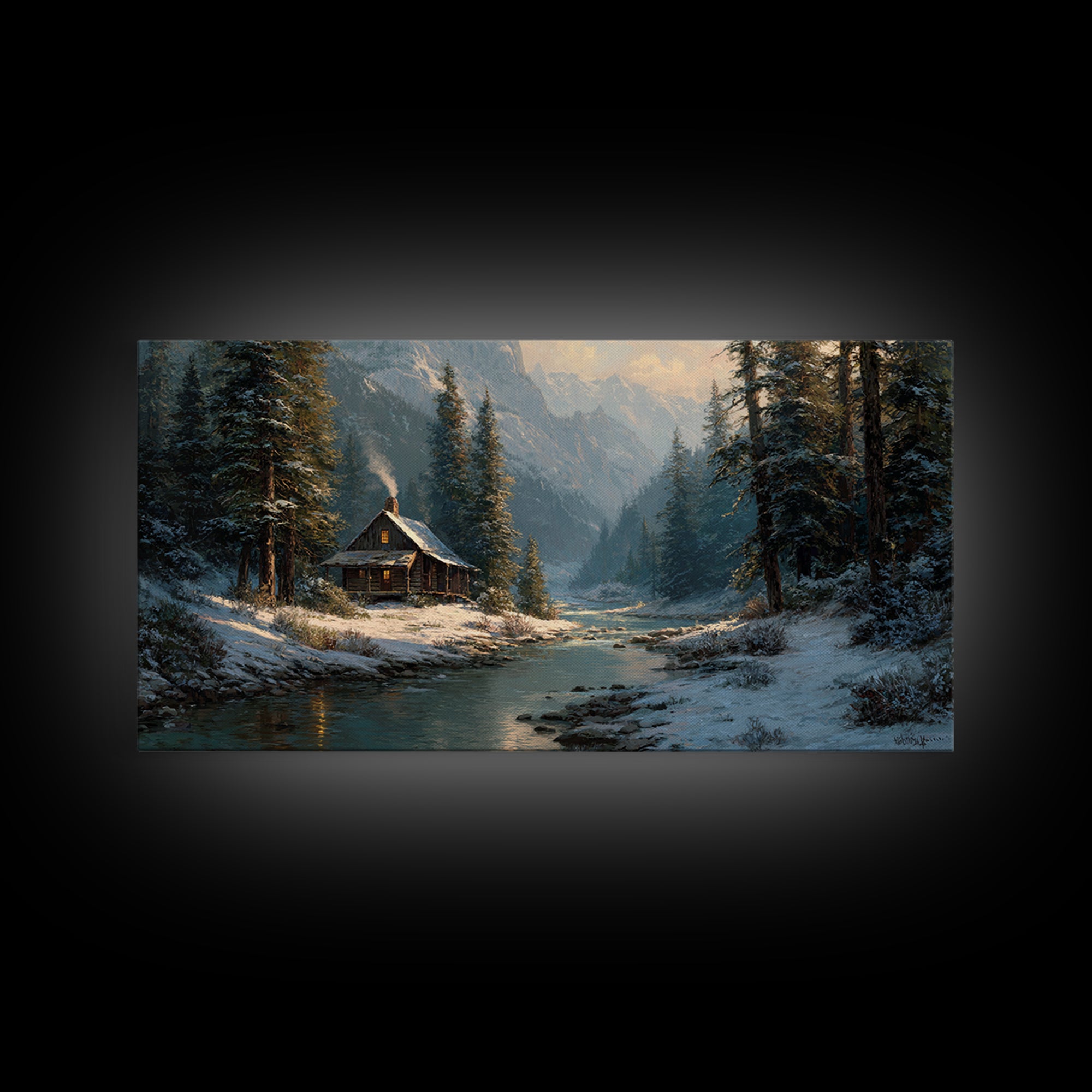 Rustic Winter Landscape Painting Of Cabin Beside Snowy Stream Large Wall Art Original Painting Canvas Print