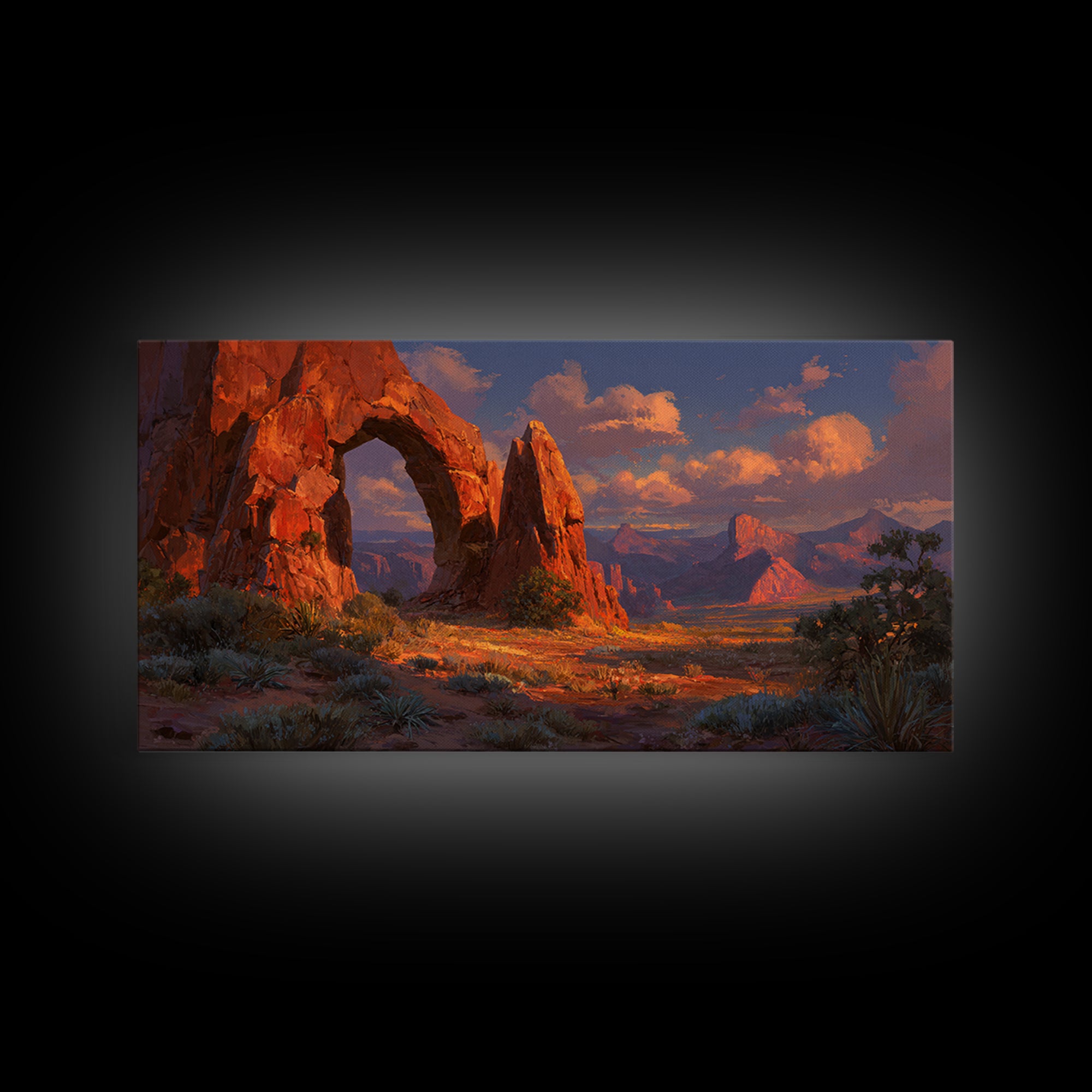 Sunlit Red Rock Arch In Desert Landscape Stunning Warm Tones Southwestern Wall Art For Living Room Decor Framed Canvas Print