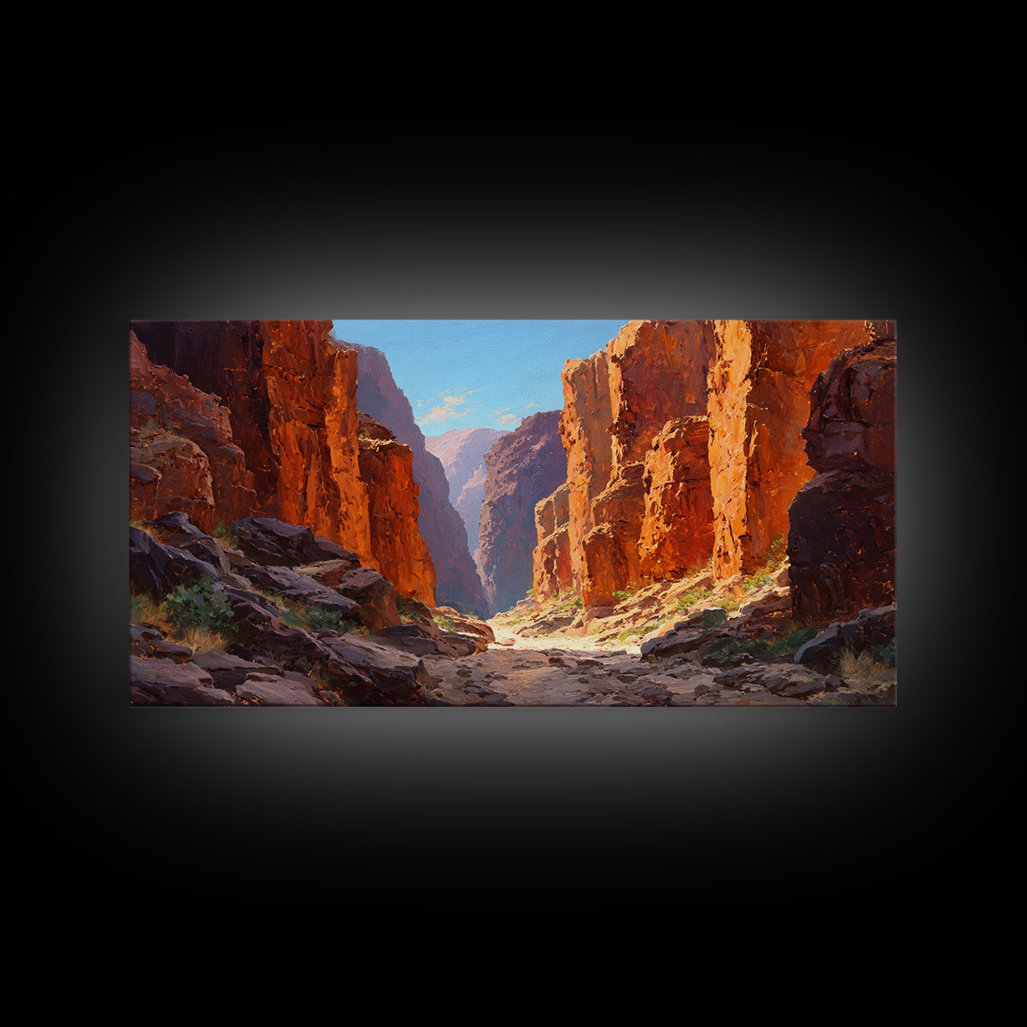 Majestic Canyon Landscape Oil Painting With Dramatic Cliff Sunlight And Shadows Large Wall Art Framed Canvas Print For Rustic Home Decor