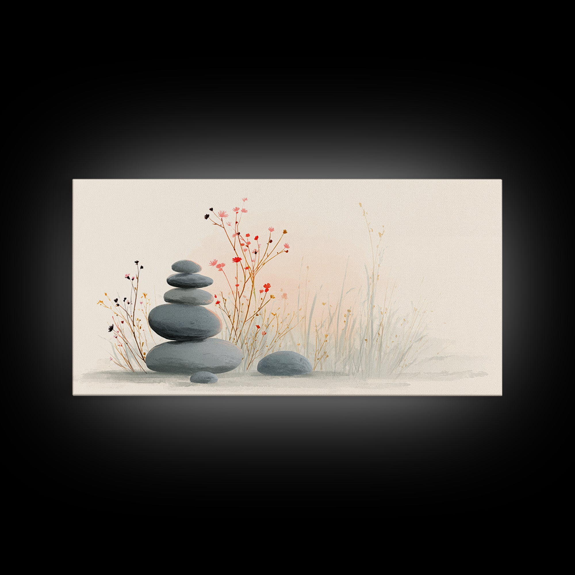 Stacked Zen Stones With Delicate Botanicals Wall Art, Minimalist Spa Decor, Calming Meditation Room Canvas Print, Neutral Home Decor