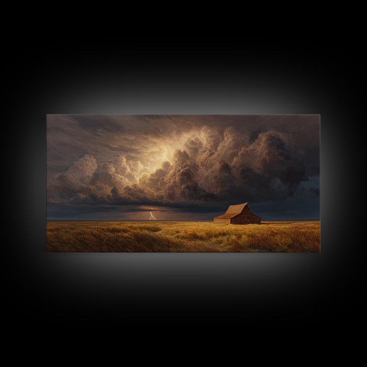 Dramatic Prairie Storm With Lightning Over Barn Large Wall Art Oil Painting Canvas Print Rustic Decor