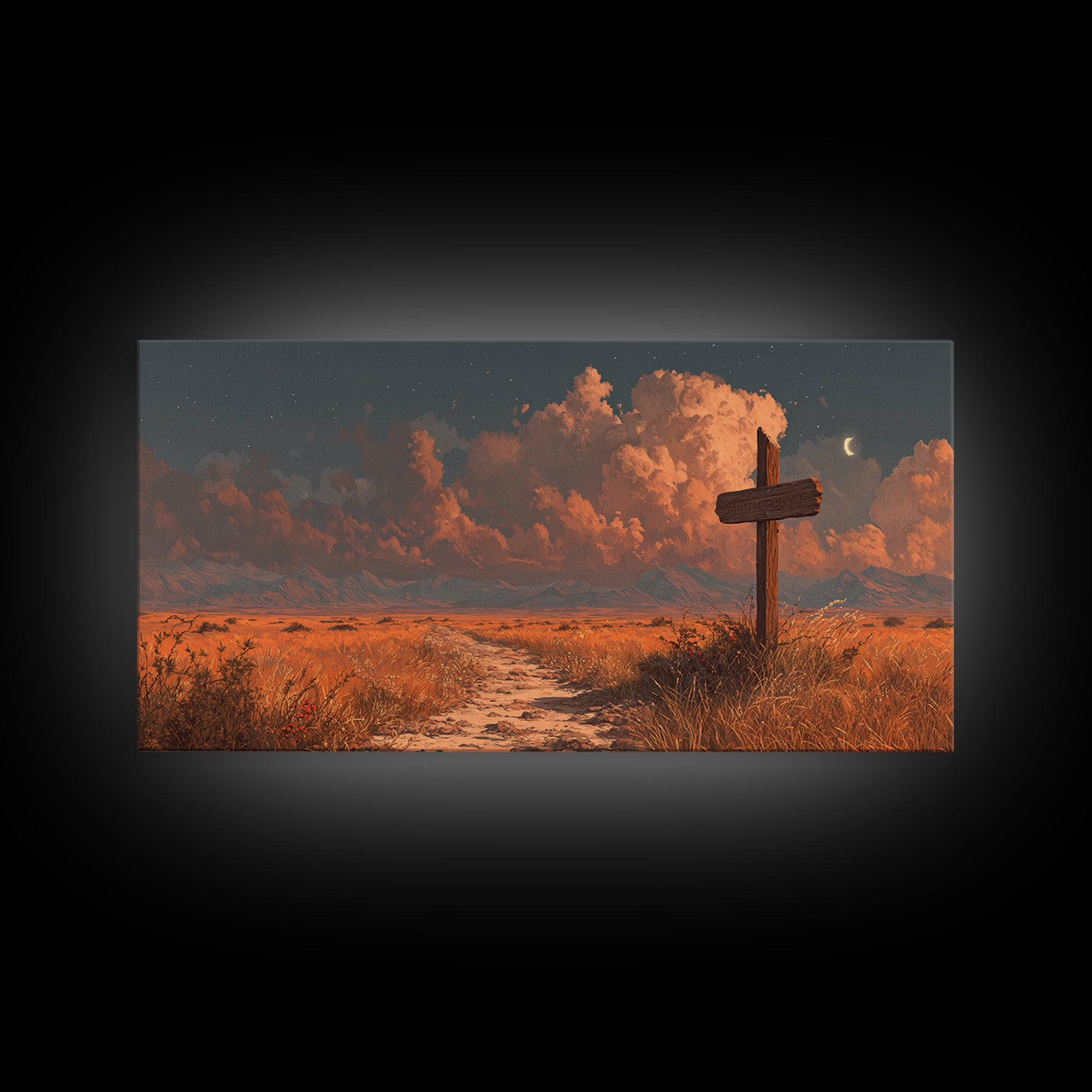 Tranquil Desert Landscape Sunlit Path With Cross Wall Art Sunset Painting Canvas Print Home Decor