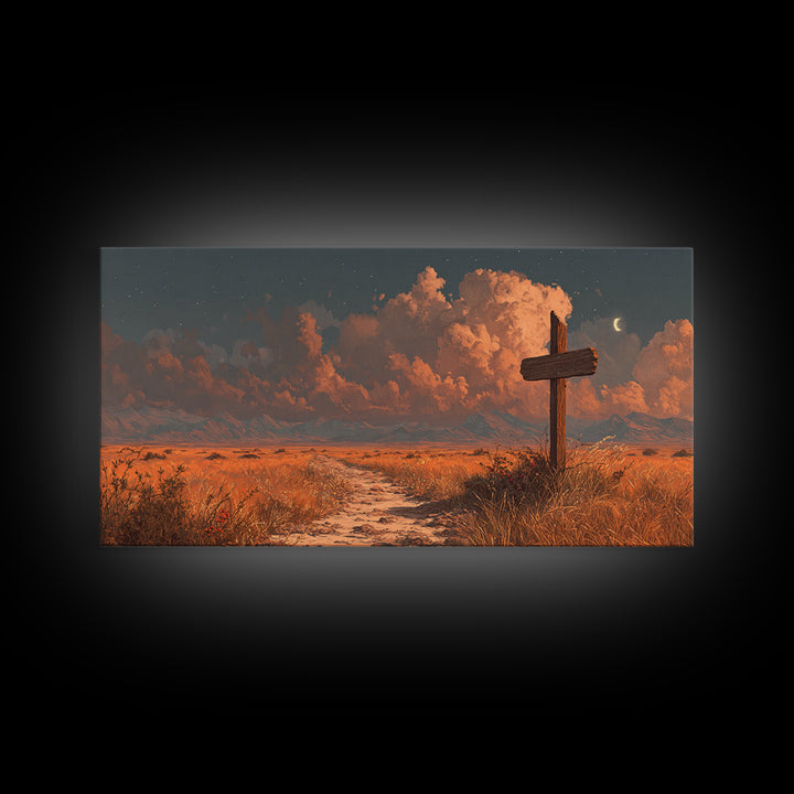 Tranquil Desert Landscape Sunlit Path With Cross Wall Art Sunset Painting Canvas Print Home Decor