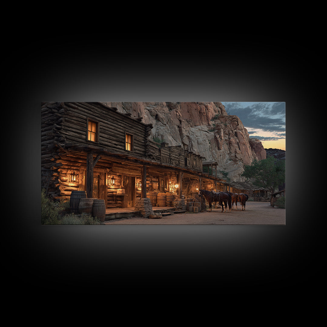 Historic Old Western Log Cabin With Horses At Dusk Wall Art Framed Canvas Print For Rustic Home Décor