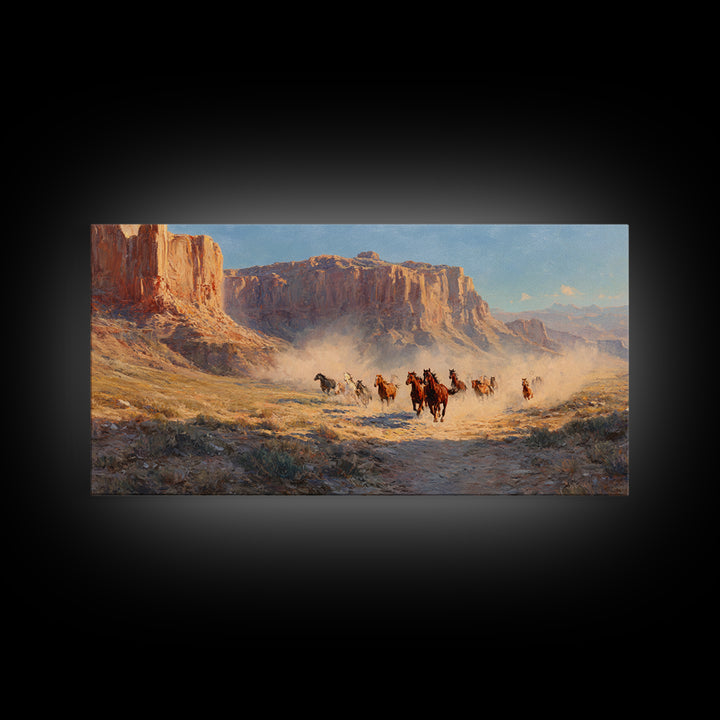Dramatic Wild Horses Running Across Dusty Plains Majestic Western Landscape Wall Art Canvas Print for Rustic Home Decor