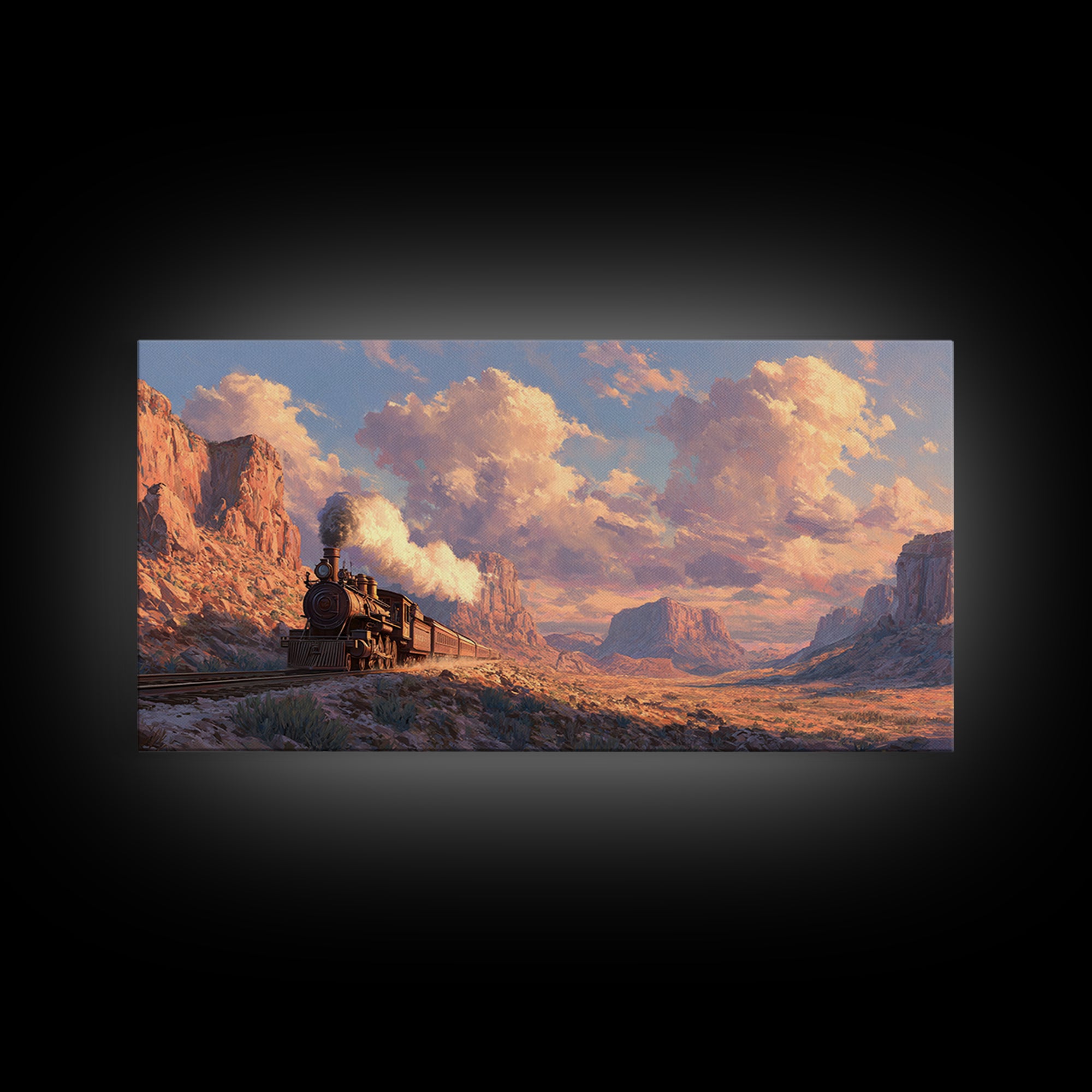 Vintage Steam Locomotive Train Crossing Desert Canyon Landscape Painting Canvas Print Rustic Wall Art