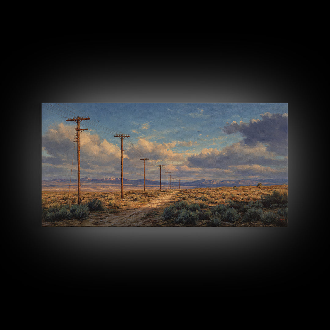 Desert Landscape With Power Poles Under Dramatic Sky Oil Painting Large Wall Art For Home Decor
