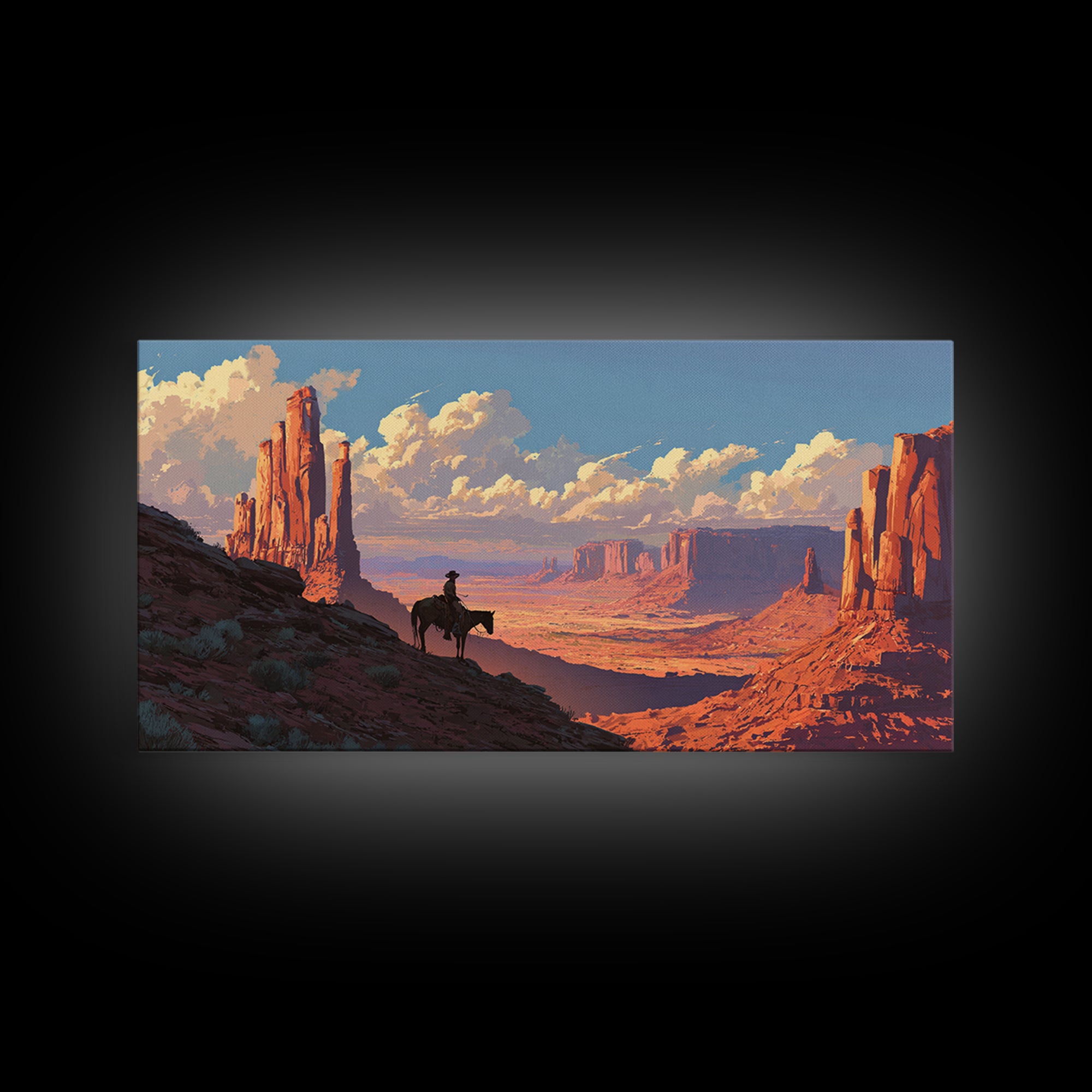 Cowboy On Horse Overlooking Majestic Red Rock Canyon Landscape Wall Art Framed Canvas Print For Rustic Home Decor