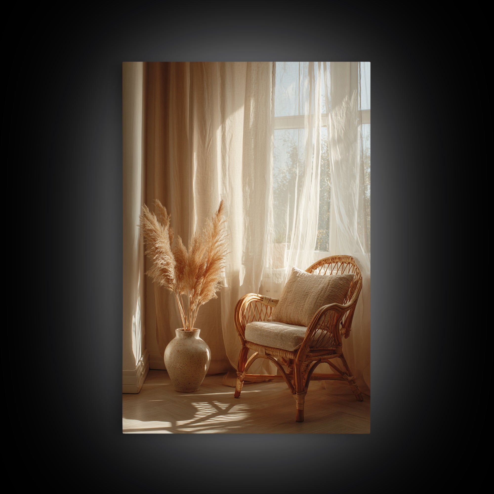 Sunlit Rattan Chair With Pampas Grass Framed Canvas Print, Boho Wall Art, Neutral Home Decor, Cozy Bedroom Wall Decor Print
