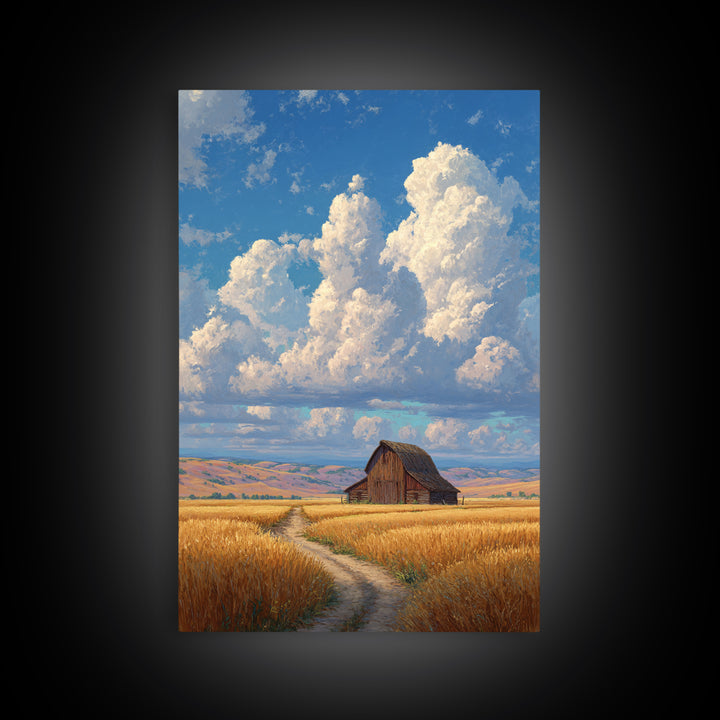 Quiet Serenity Of Rustic Barn In Golden Field Under Expansive Sky Wall Art Framed Canvas Print