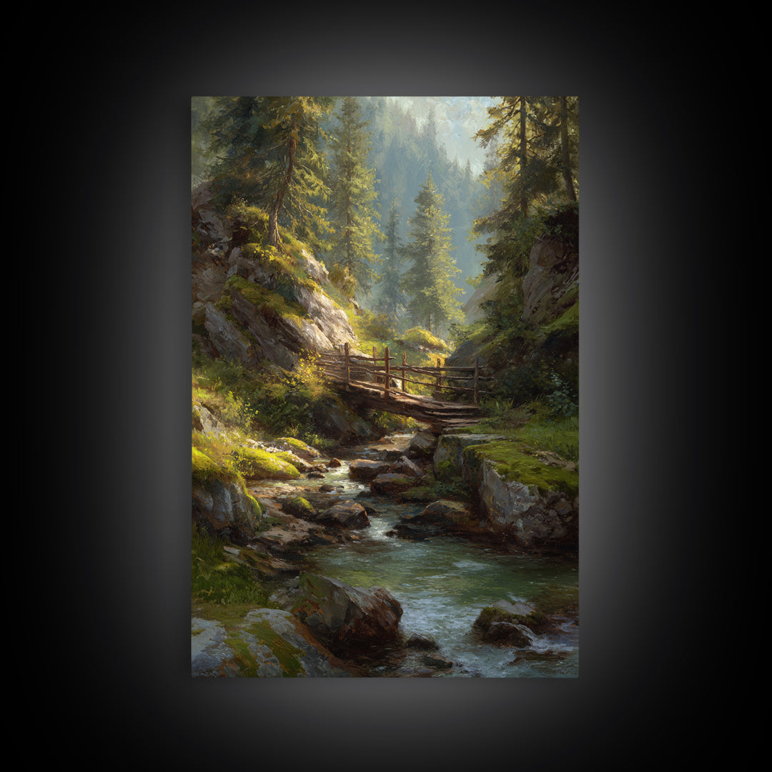 Peaceful Forest Stream Landscape Oil Painting With Bridge And Sunlight Fine Art Print Wall Art