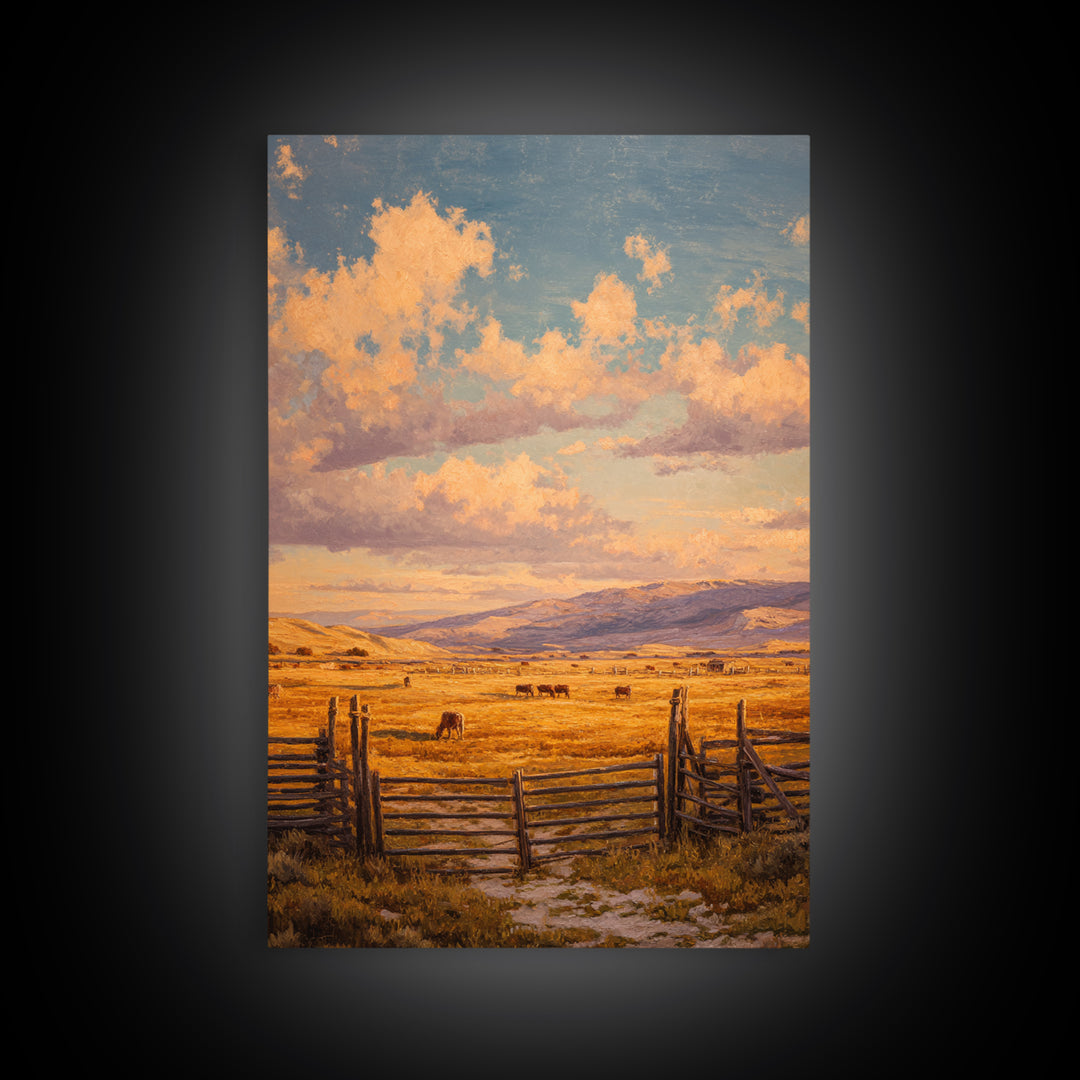 Classic Rural Landscape Oil Painting Rustic Farmhouse Scene With Fence And Cows Large Wall Art Framed Canvas Print