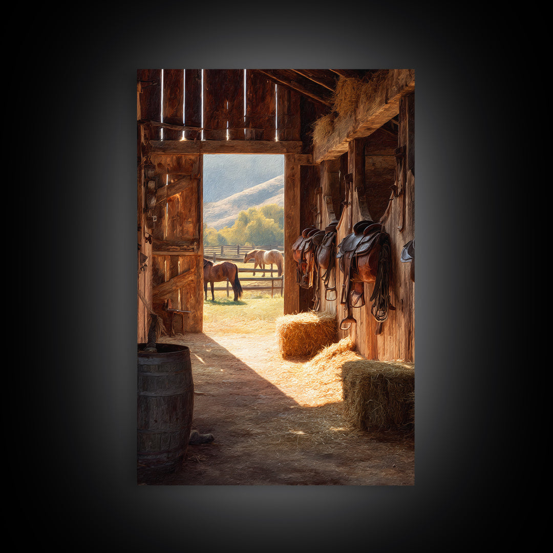 Warm Countryside Barn Interior With Horses Rustic Wall Art Framed Canvas Print Cozy Farmhouse Home Decor