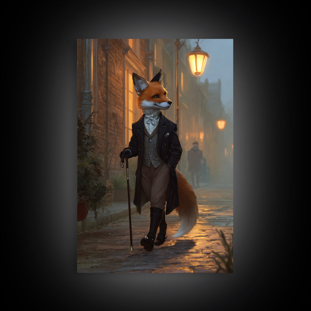 Victorian Fox Strolling Gaslit Street Wall Art, Dapper Animal Portrait, Dark Academia Decor, Whimsical Living Room Print