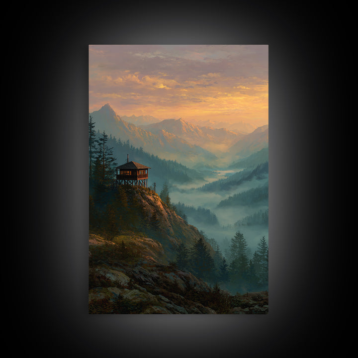 Serene Mountain Landscape At Sunset With Wooden Cabin Wall Art Framed Canvas Print For Living Room Decor