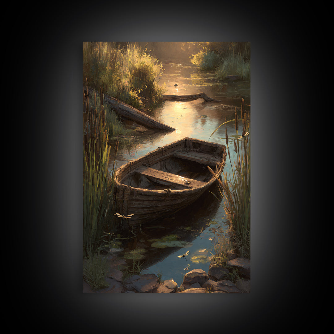 Serene Landscape Oil Painting Of Old Wooden Boat On Calm Water With Dragonflies Wall Art Framed Canvas Print