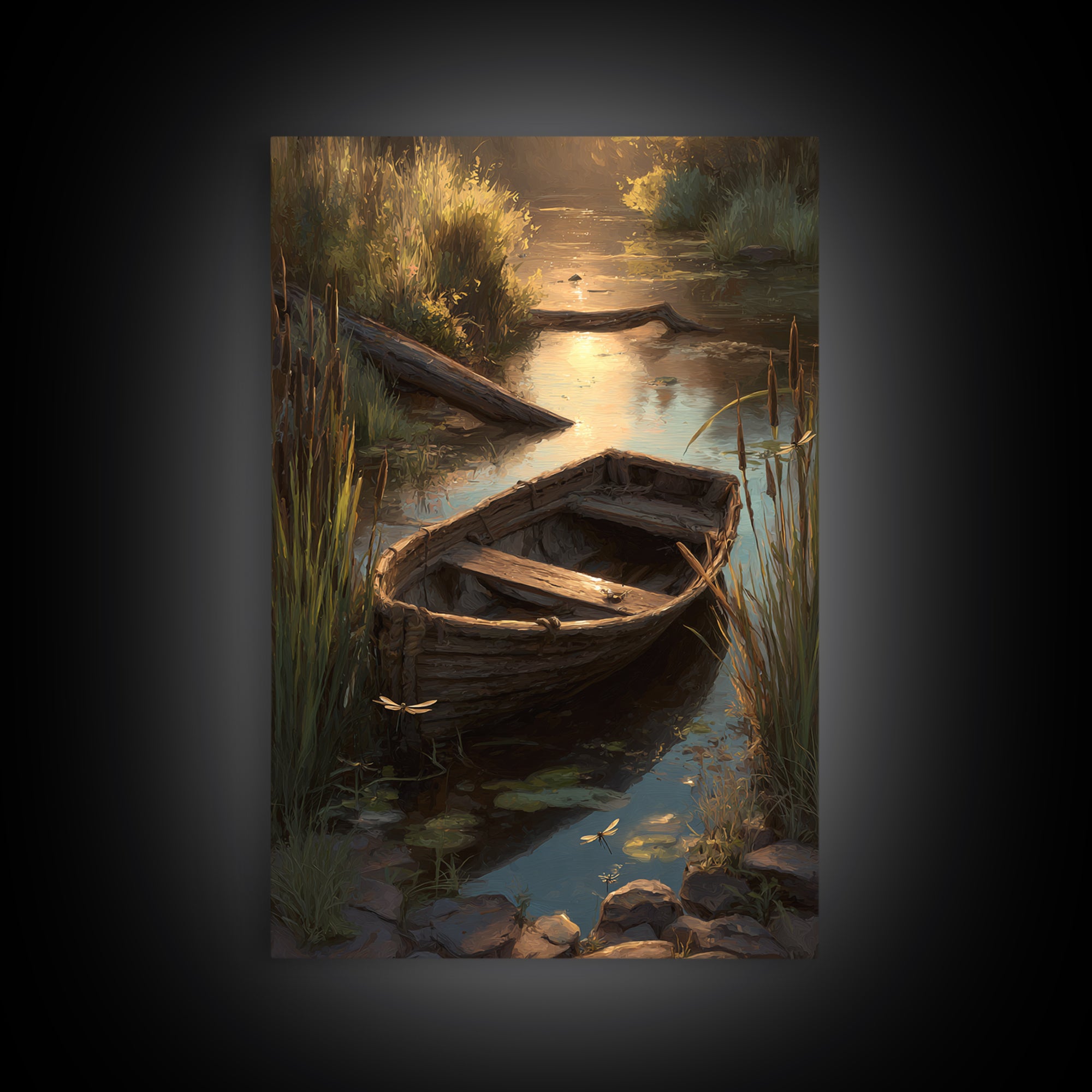 Serene Landscape Oil Painting Of Old Wooden Boat On Calm Water With Dragonflies Wall Art Framed Canvas Print