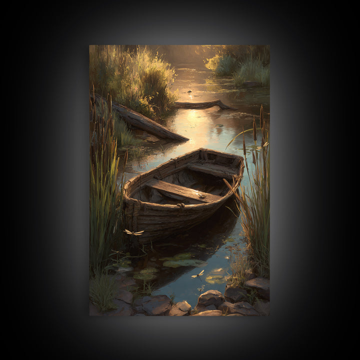 Serene Landscape Oil Painting Of Old Wooden Boat On Calm Water With Dragonflies Wall Art Framed Canvas Print
