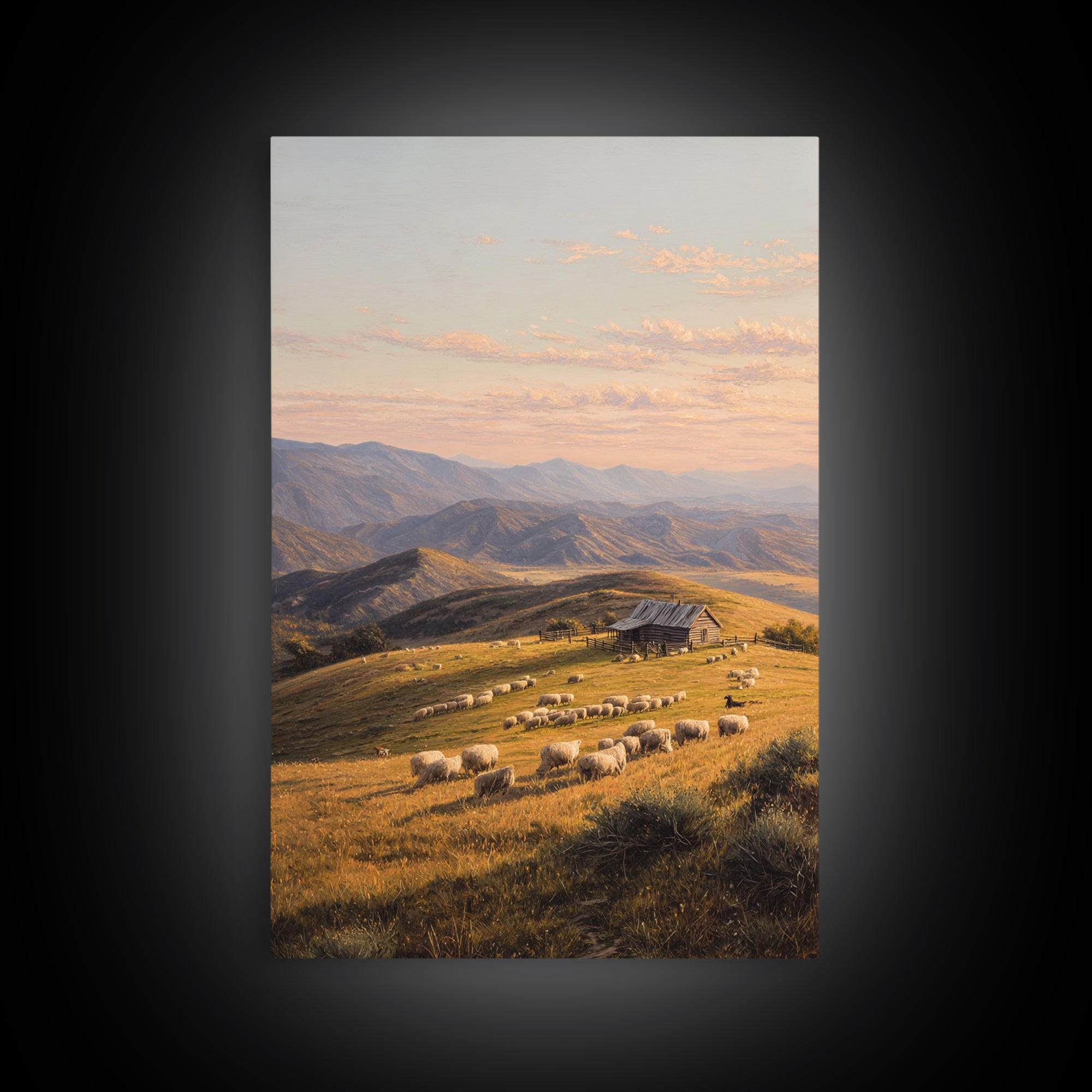 Golden Pastoral Sheep Field Landscape Wall Art Canvas Print Large Rustic Home Decor Countryside Painting Original Art