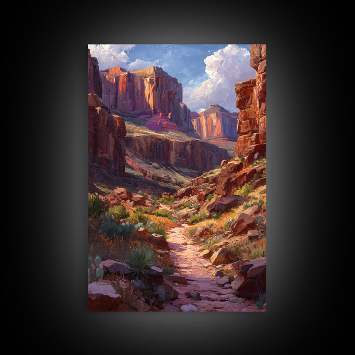 Grand Canyon Landscape Oil Painting Portrait Of Canyon Rocks Blue Sky And Path Trail Large Wall Art For Living Room Decor
