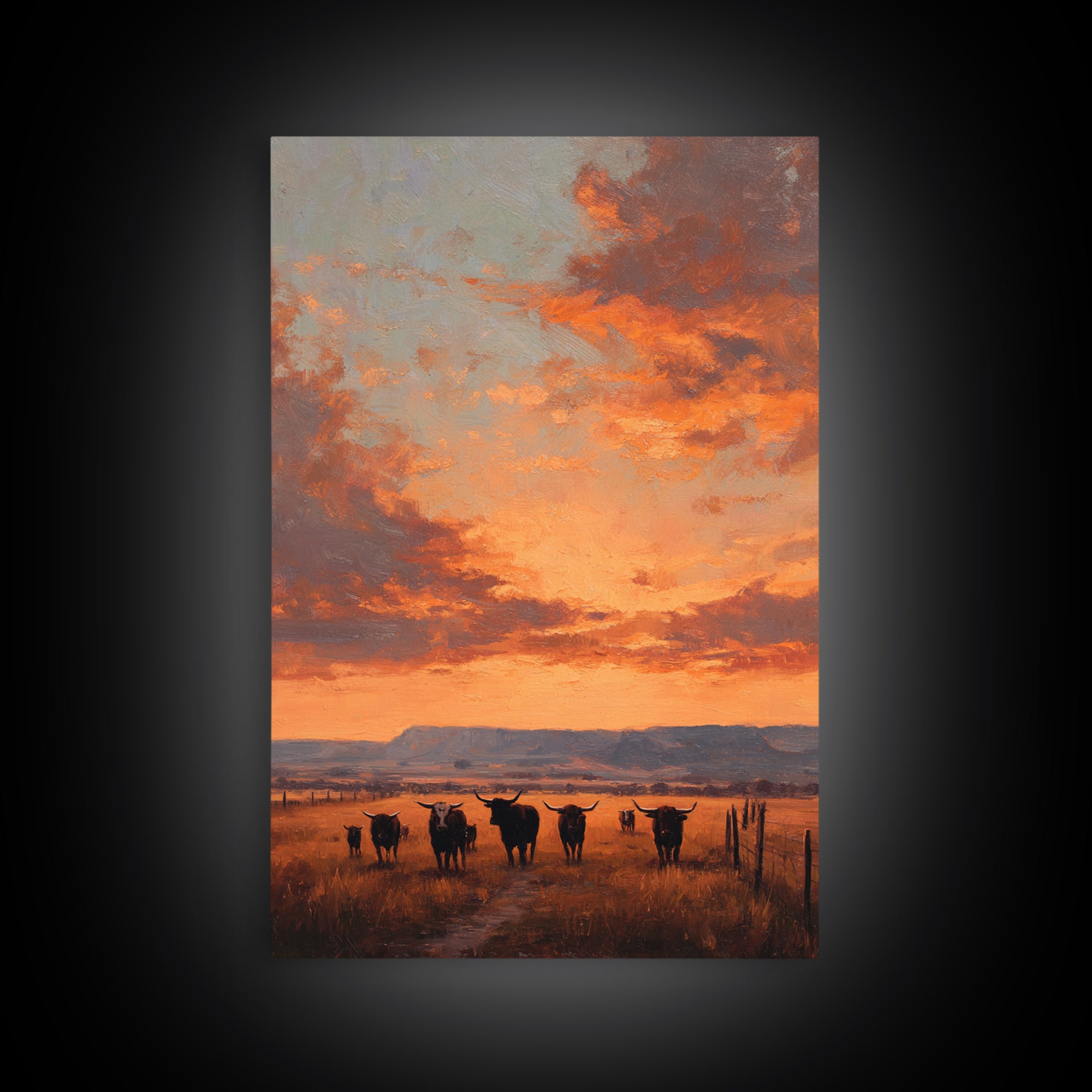 Rustic Western Sunset Landscape Painting With Longhorn Cows Framed Canvas Print For Country Home Decor And Farmhouse Wall Art