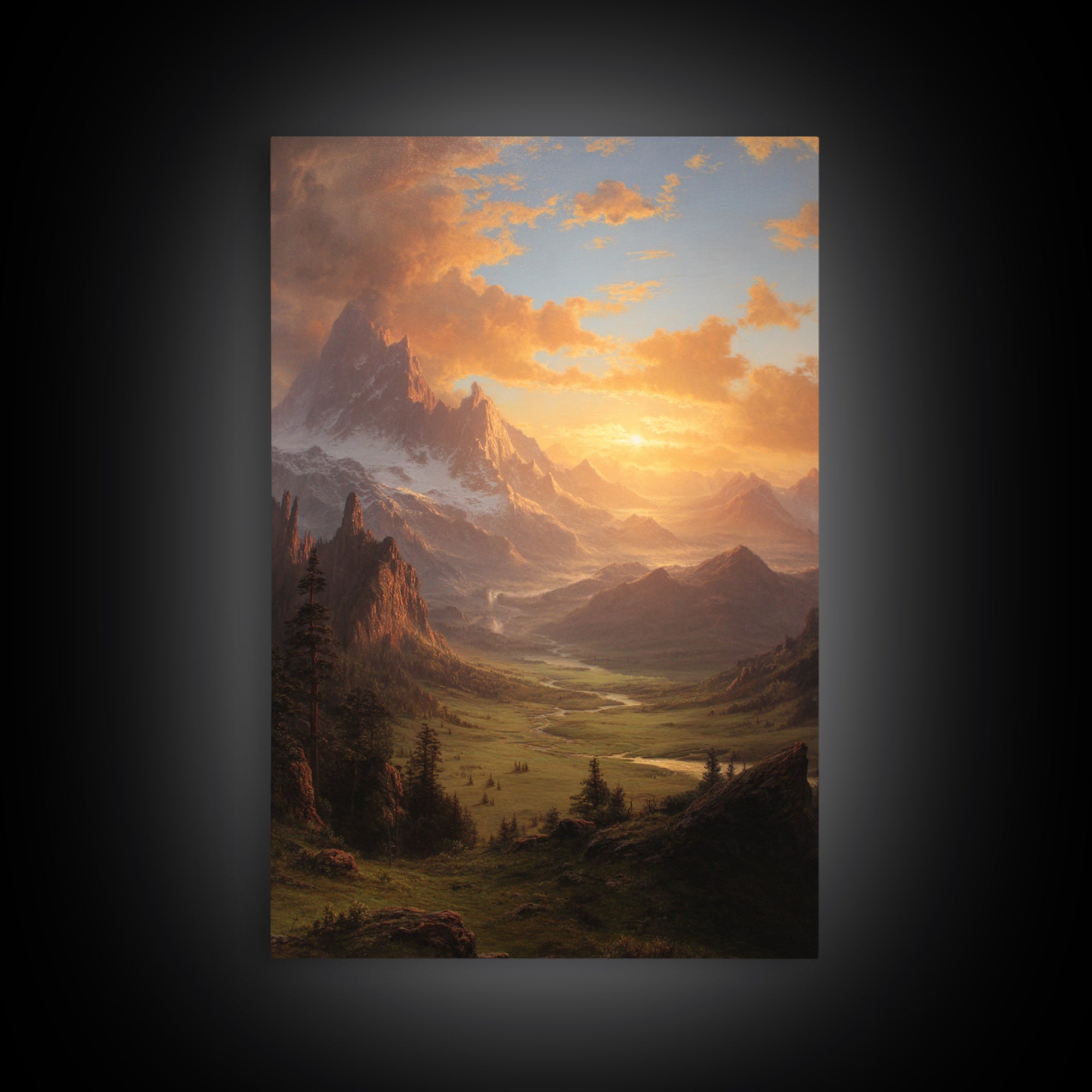 Romantic Mountain Valley Landscape Painting At Sunset Wall Art Print For Living Room Decor Framed Canvas Print Nature Home Decor
