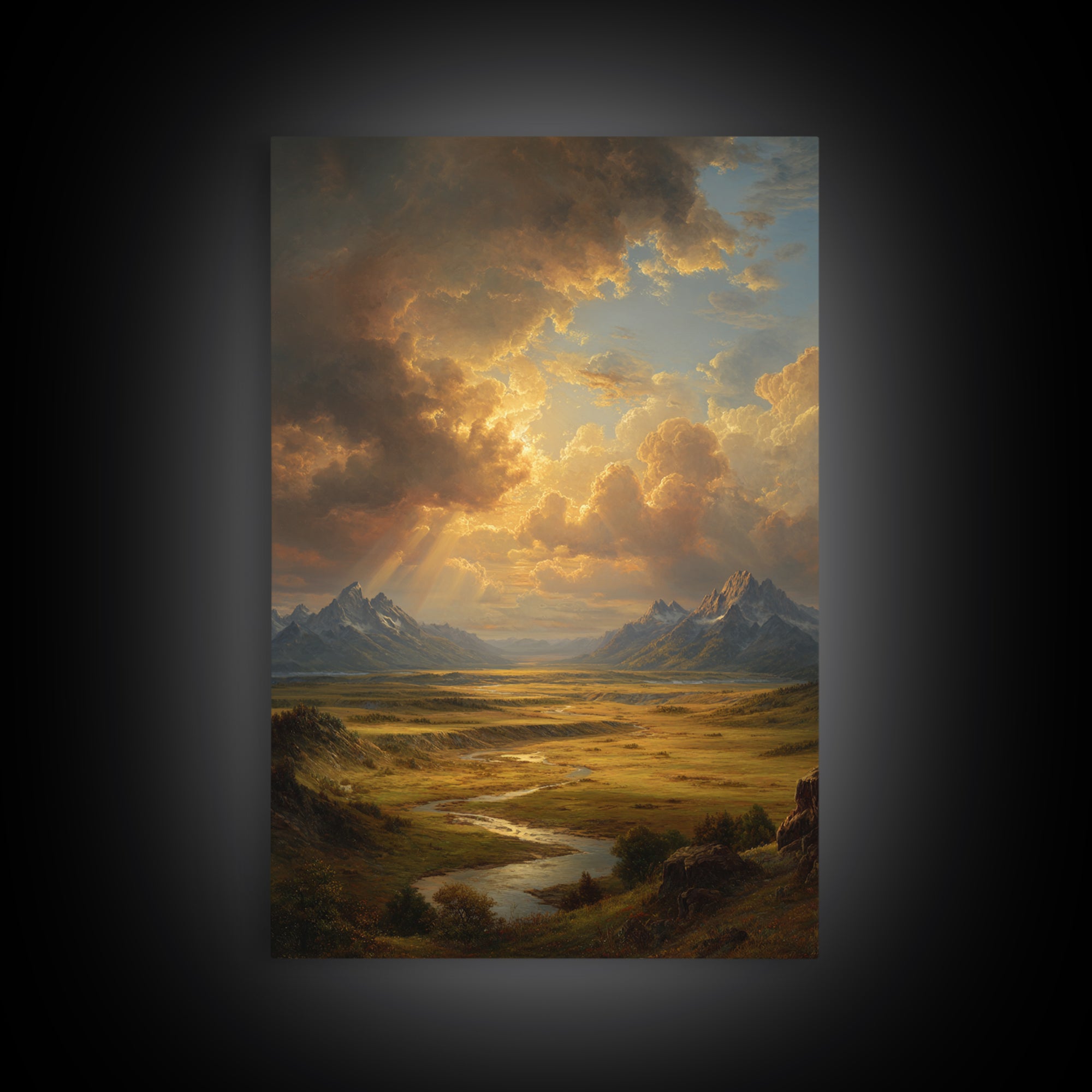 Sunlight Rays Breaking Through Cloudy Sky Over Vast Mountain Valley Framed Canvas Print For Nature Lovers