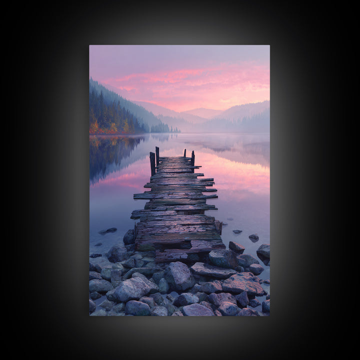 Peaceful Lakeside Dock Sunset Landscape Wall Art Canvas Print Serene Nature Wall Decor