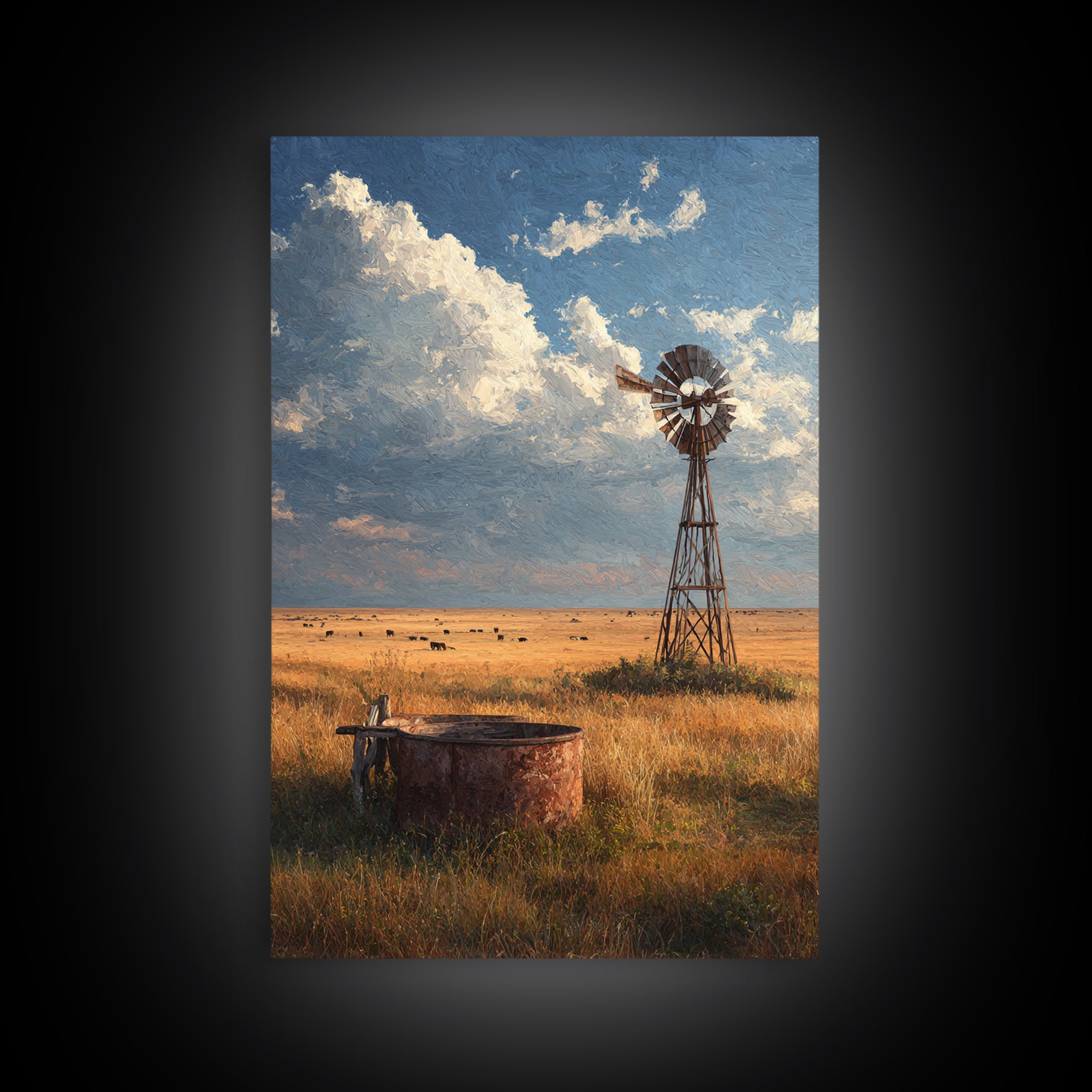 Rustic Windmill Landscape With Golden Fields Under Cloudy Sky - Large Wall Art Canvas Print Rustic Home Decor