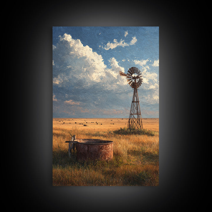 Rustic Windmill Landscape With Golden Fields Under Cloudy Sky - Large Wall Art Canvas Print Rustic Home Decor