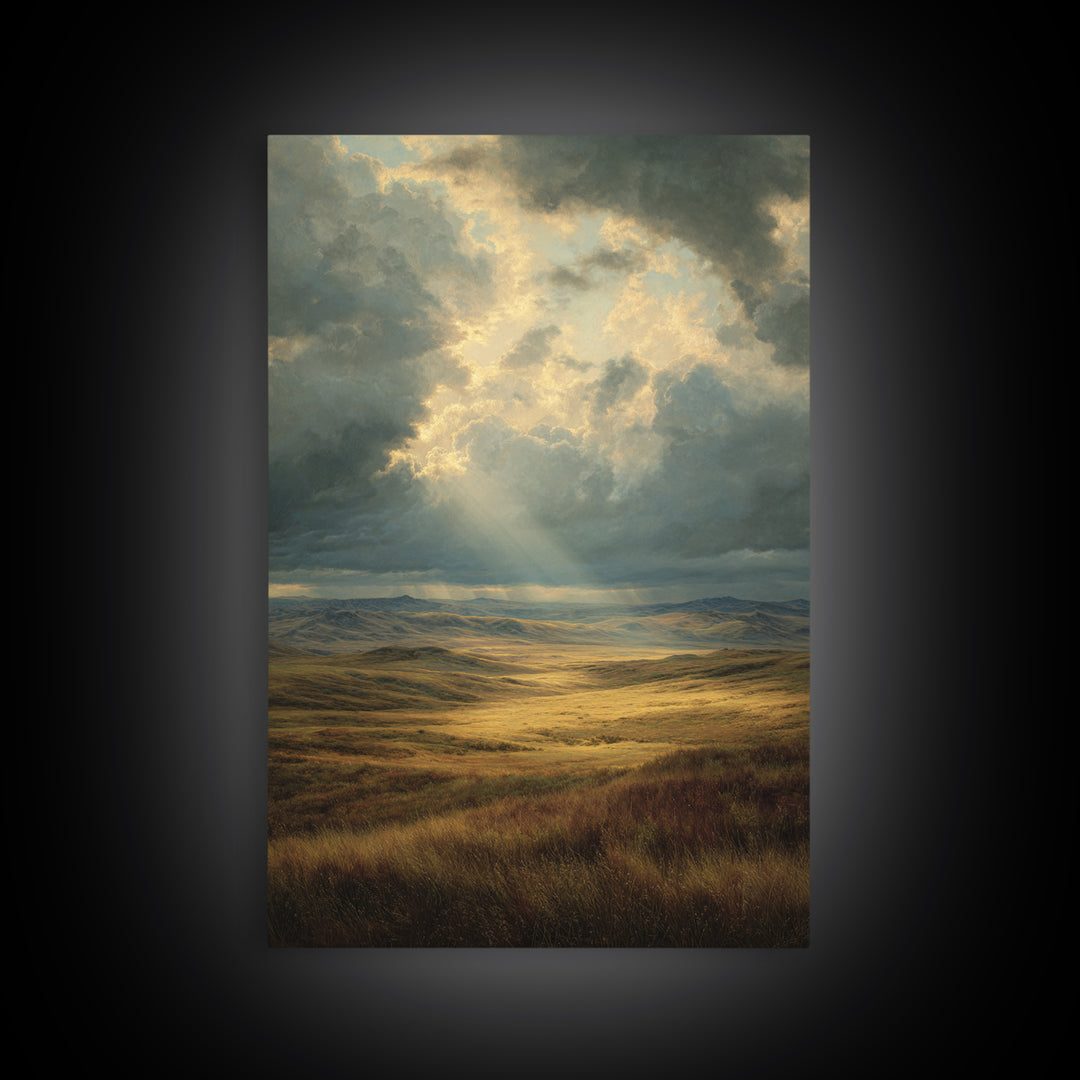 Magnificent Sunbeam Over Vast Meadow Landscape Painting Wall Art Large Canvas Print For Rustic And Farmhouse Decor