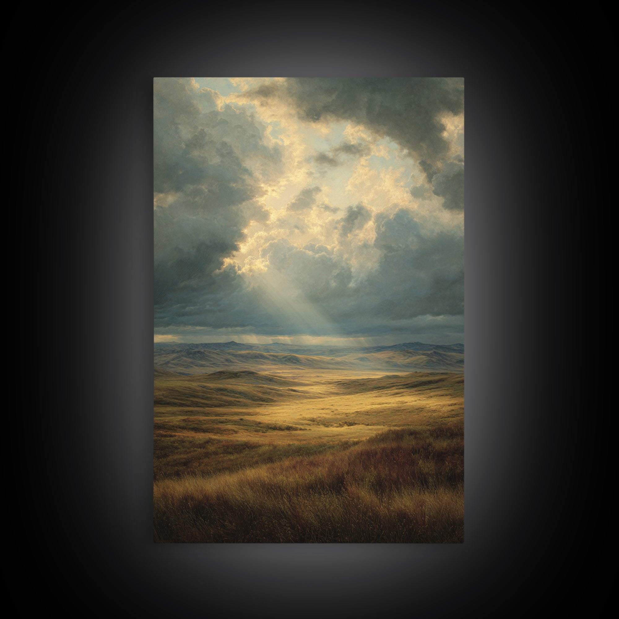 Magnificent Sunbeam Over Vast Meadow Landscape Painting Wall Art Large Canvas Print For Rustic And Farmhouse Decor