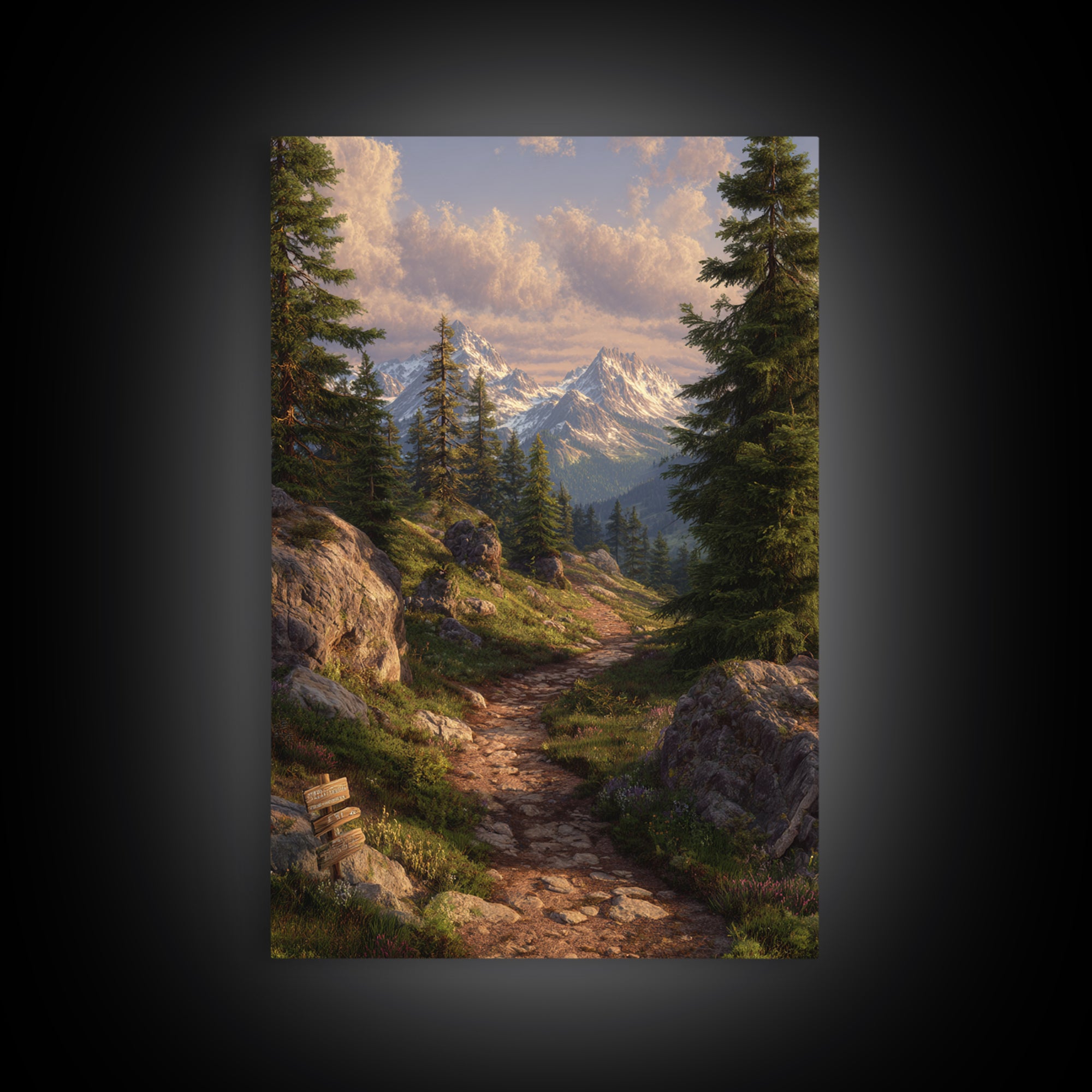 Cozy Sunrise Mountain Trail Landscape Canvas Print Rustic Wall Art With Sunlit Pines And Rocks For Cabin Or Living Room Decor