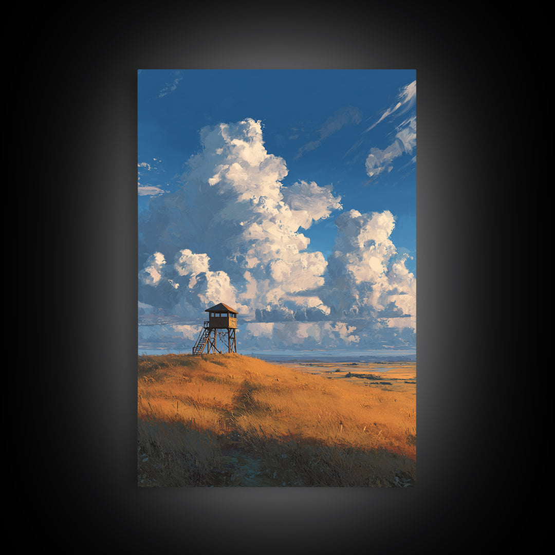 Blue Sky With Clouds Over Rustic Watchtower In Field Landscape Wall Art Original Canvas Print