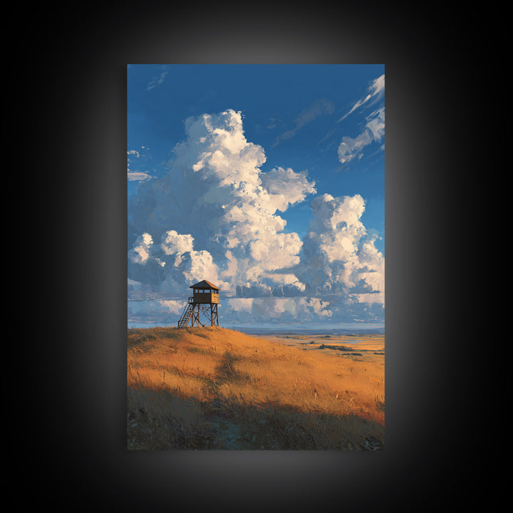 Blue Sky With Clouds Over Rustic Watchtower In Field Landscape Wall Art Original Canvas Print