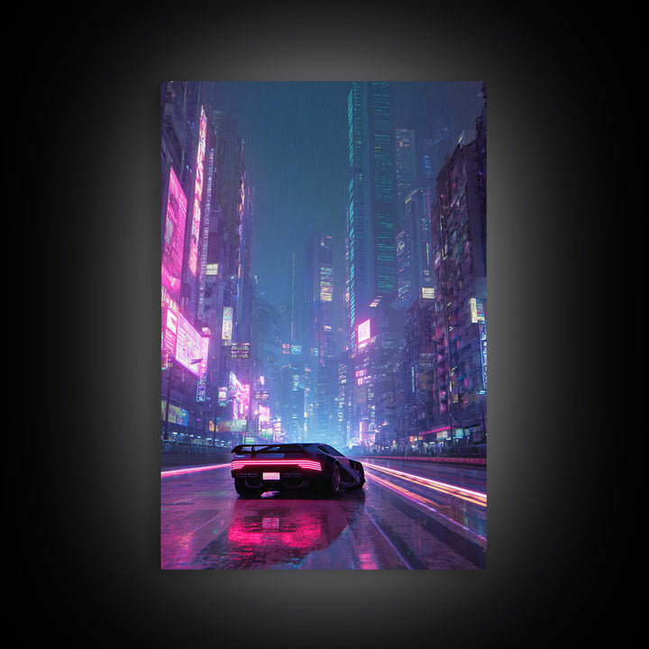 Futuristic Cyberpunk Car Racing Through Neon Lit Rainy City Streets Canvas Print For Trendy Wall Art