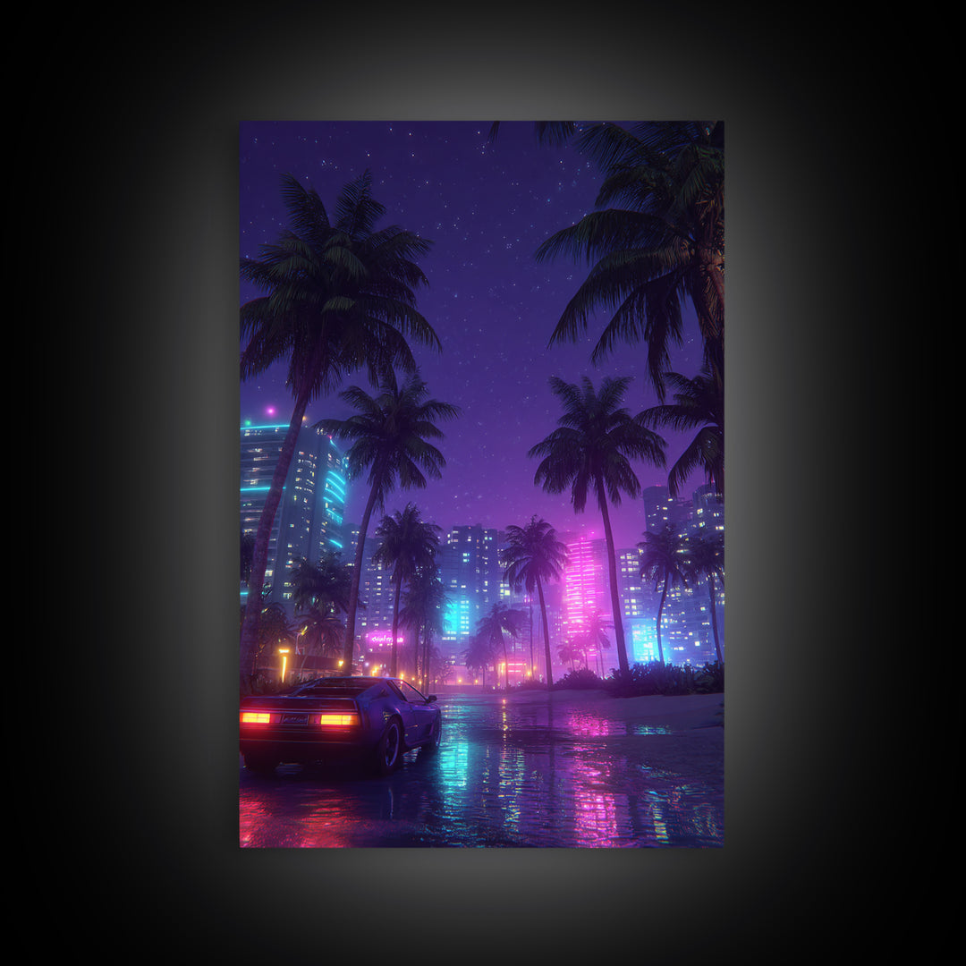 Neon Cityscape With Palm Trees And Retro Sports Car Large Wall Art Framed Canvas Print Vibrant Modern Home Decor